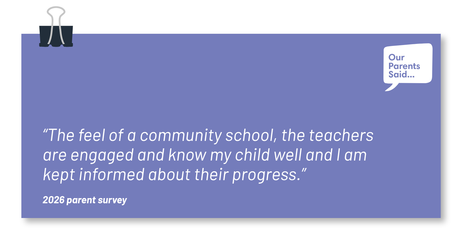 “The feel of a community school, the teachers are engaged and know my child well and I am kept informed about their progress.” 2026 Parent Quote Survey