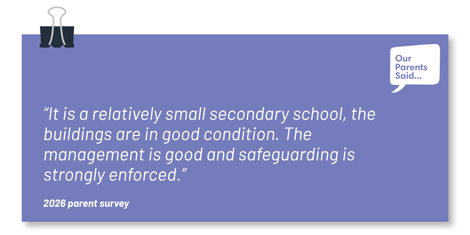 “It is a relatively small secondary school, the buildings are in good condition. The management is good and safeguarding is strongly enforced.” 2026 Parent Survey Quote