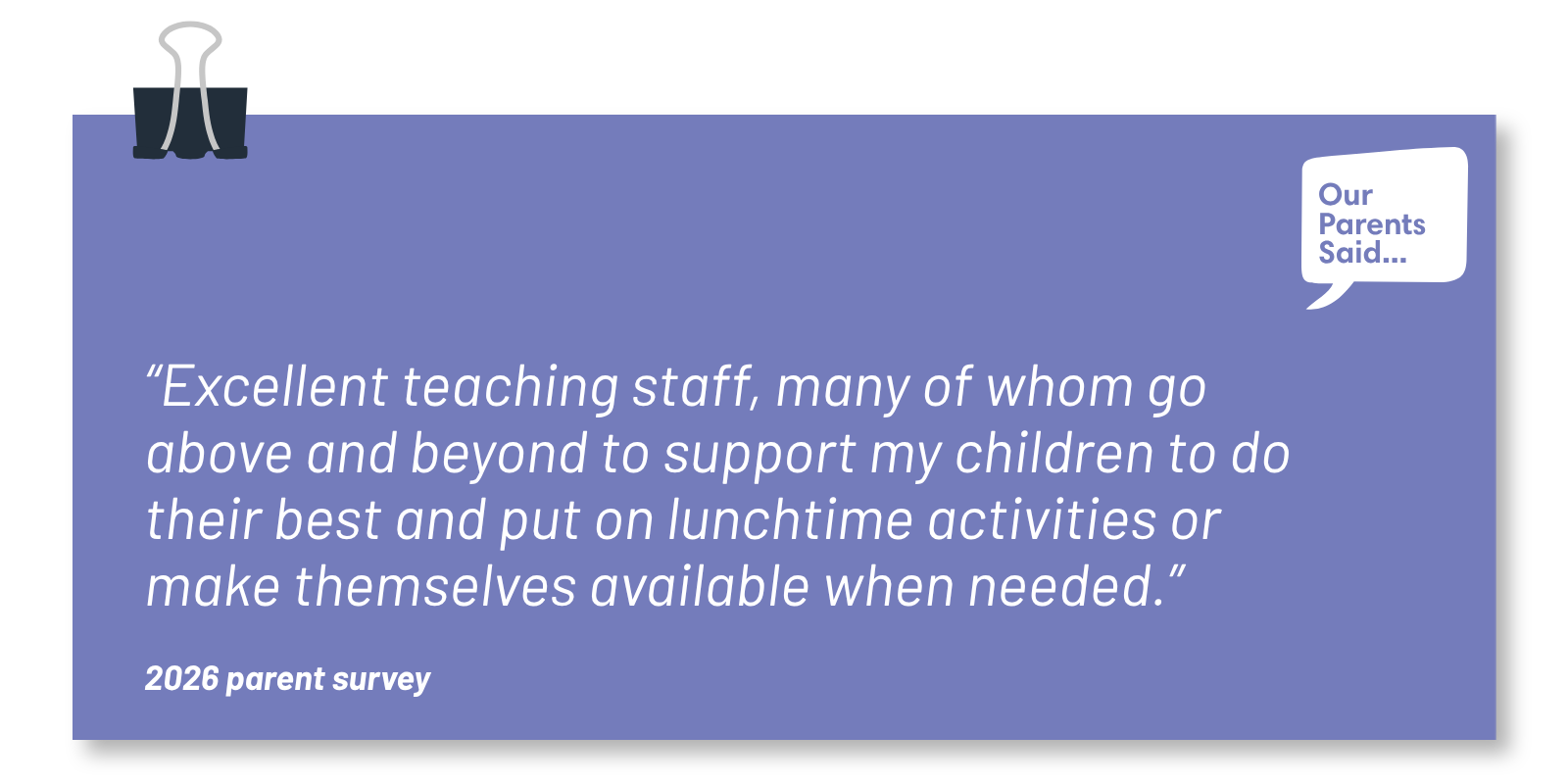 “Excellent teaching staff, many of whom go above and beyond to support my children to do their best and put on lunchtime activities or make themselves available when needed.” 2026 Parent Survey Quote