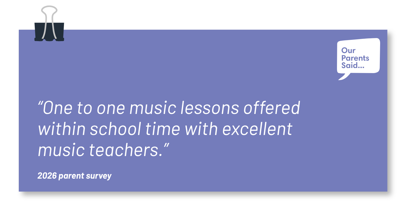 “One to one music lessons offered within school time with excellent music teachers.” 2026 Parent Survey Quote